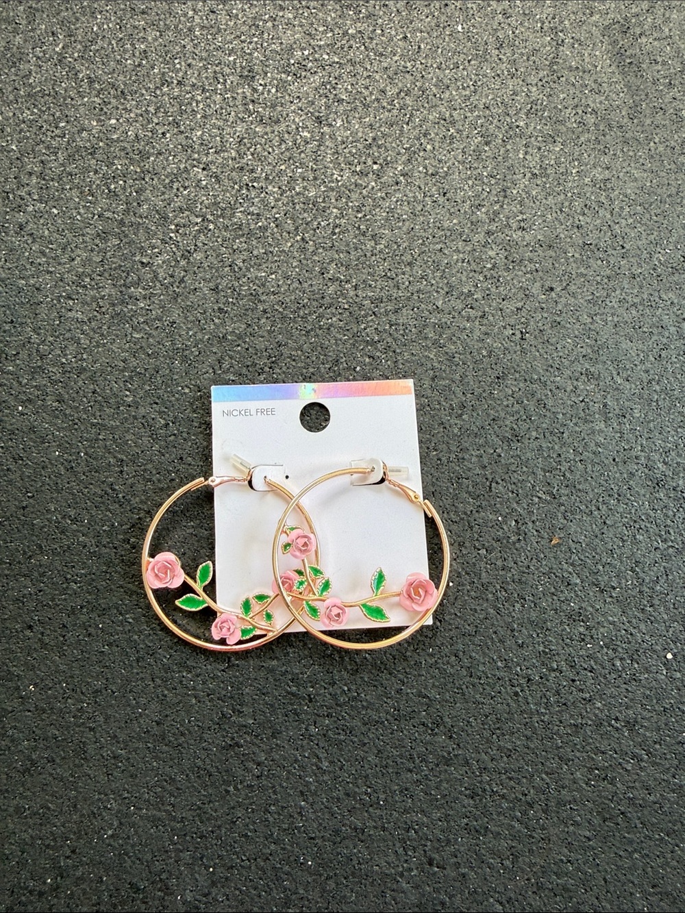 Gold Hoop Earrings with Pink Rose Accents - Women's Floral Jewelry